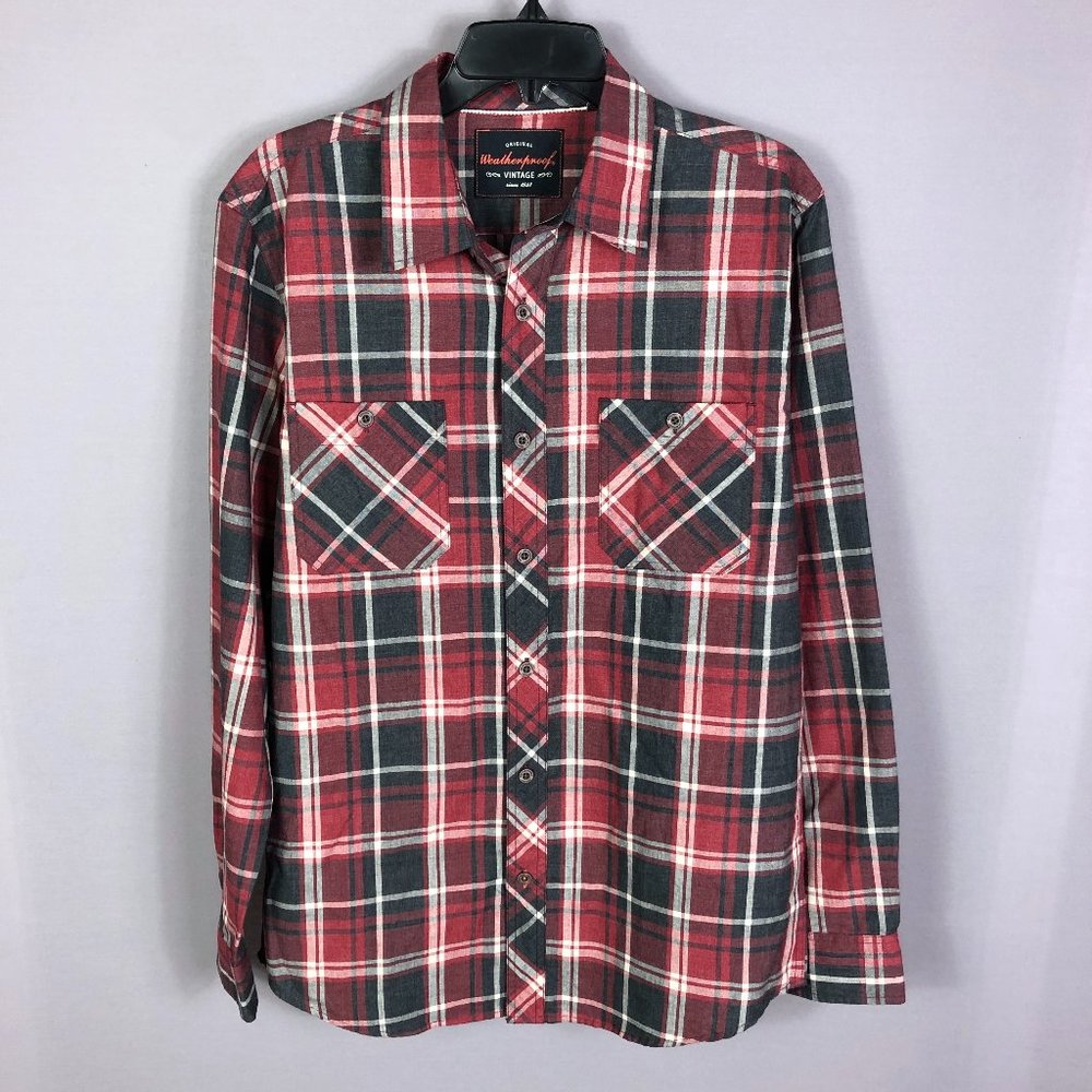 Weatherproof Red Plaid Cotton Blend Button Up Shirt Size Medium